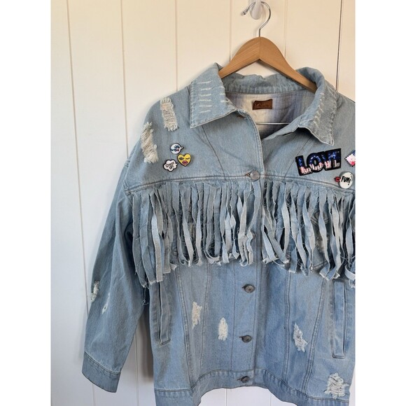 Oversized Denim Jacket by POL Brand Jean with fringe and pins plaid inside SZ S - Picture 1 of 10